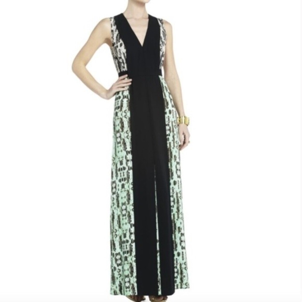 BCBGMaxAzria Green and Black Maxi Dress with Front Slit, Size S